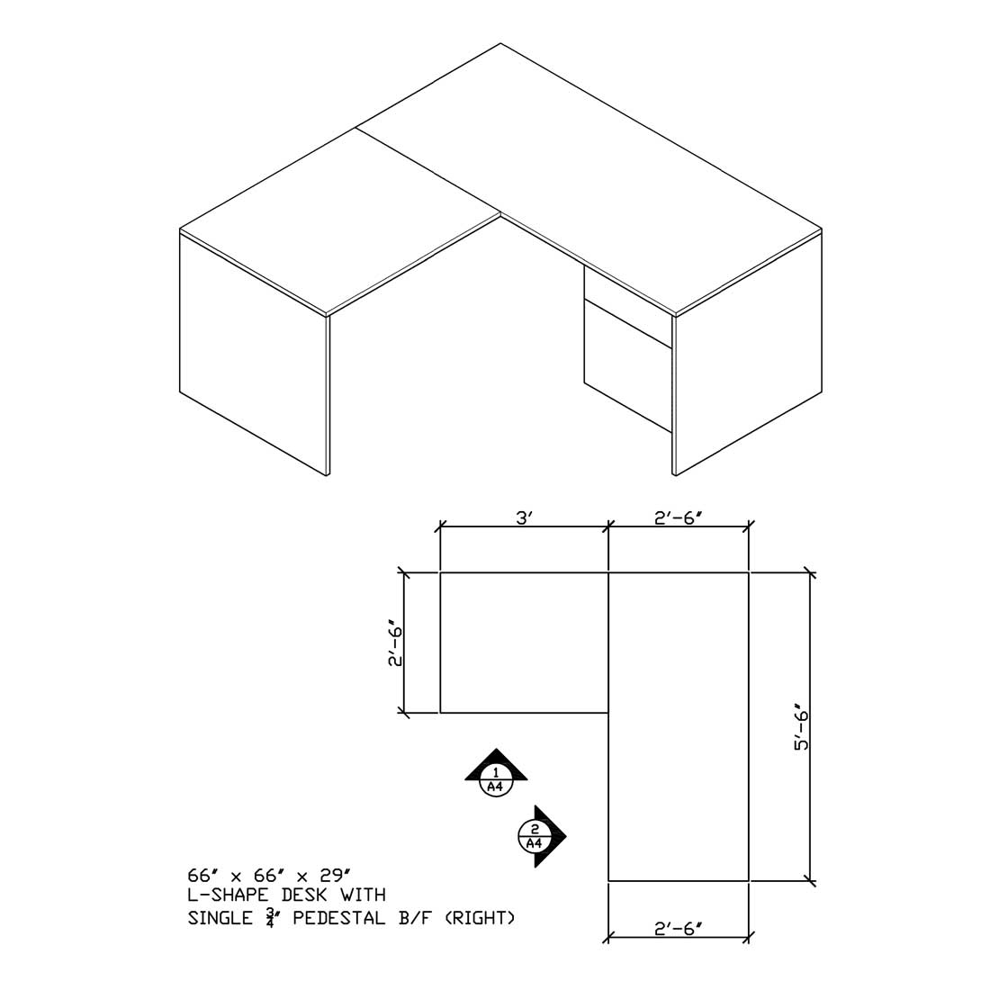 L-Shape Desk, with Single 3/4 Pedestal B/F (66x66x29) Right - Office Desks - LM6630-LM3620-SR