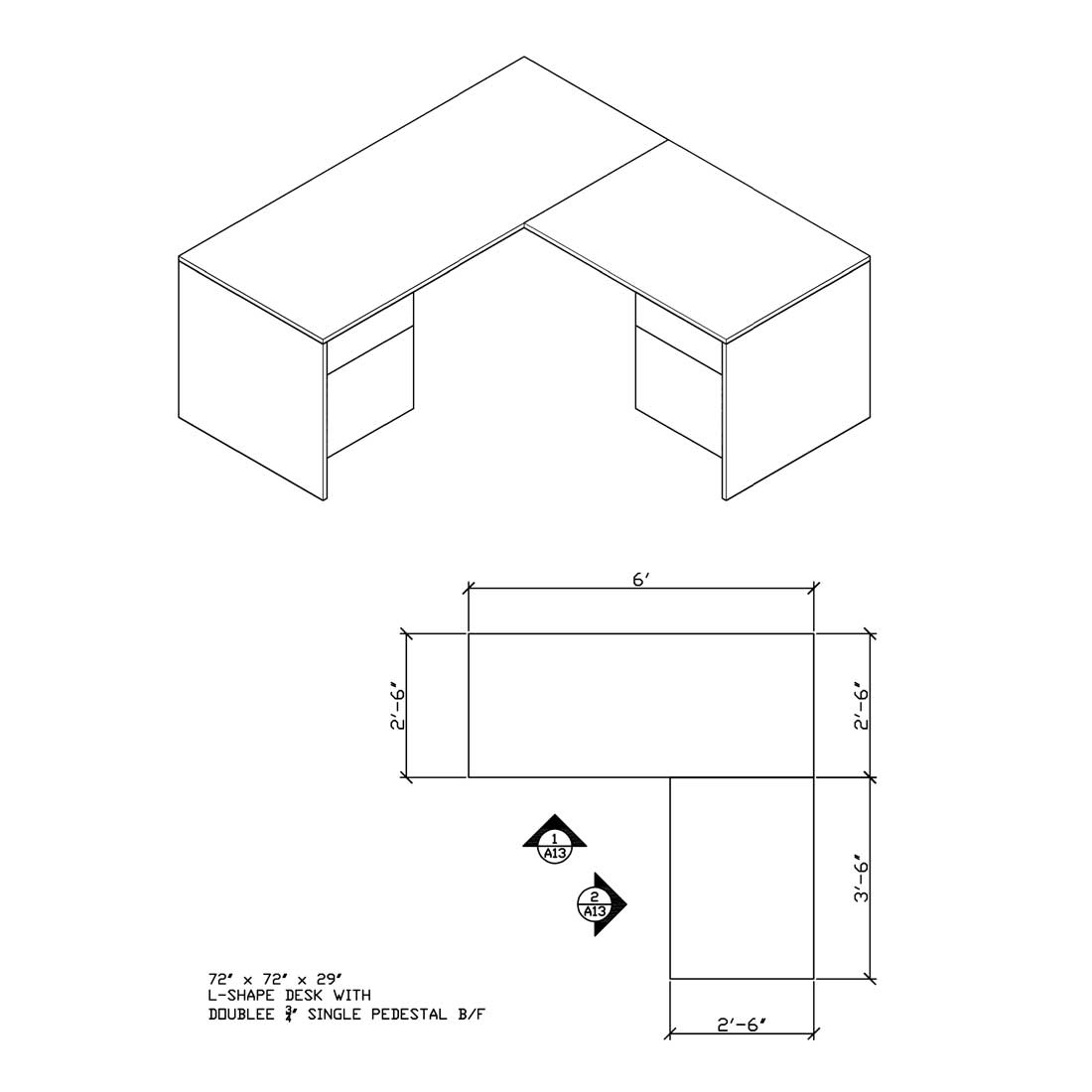 L-Shaped Desk with 3/4 F/B and F/B (72x72x29) - Office Desks - 7272LSBF