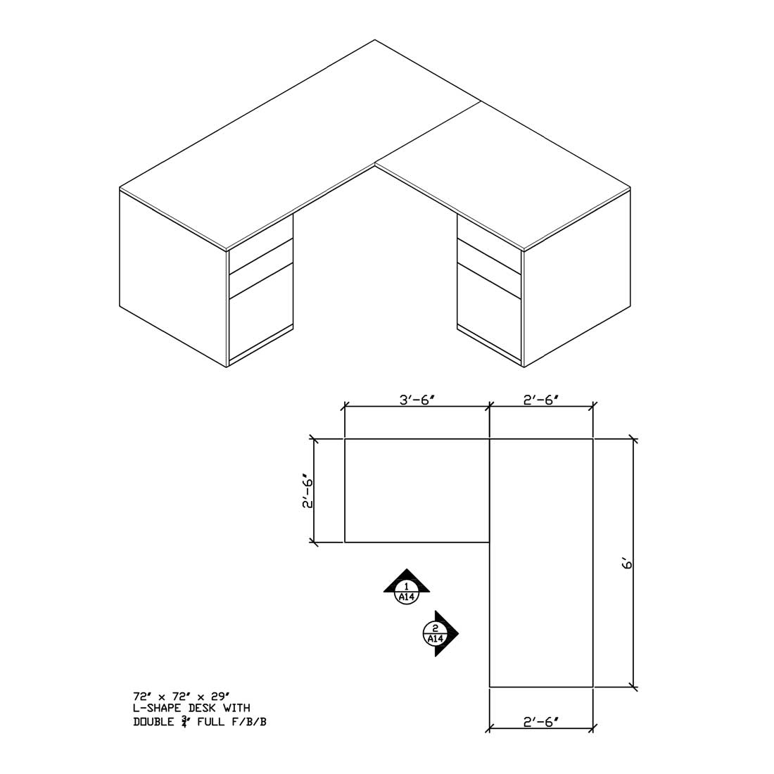 L-Shaped Desk with Full F/B/B and F/B/B (72x72x29) - Office Desks - 7272LSBBF